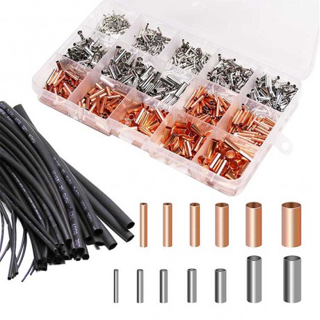 PT91035 970Pcs Wire Ferrules Kit Tinned Copper Crimp Connector with 48Pcs Heat Shrink Tubing